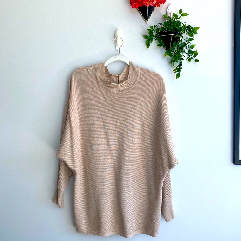 Primark Tan Ribbed High-Neck Sweater with Gold Backside Zipper Large